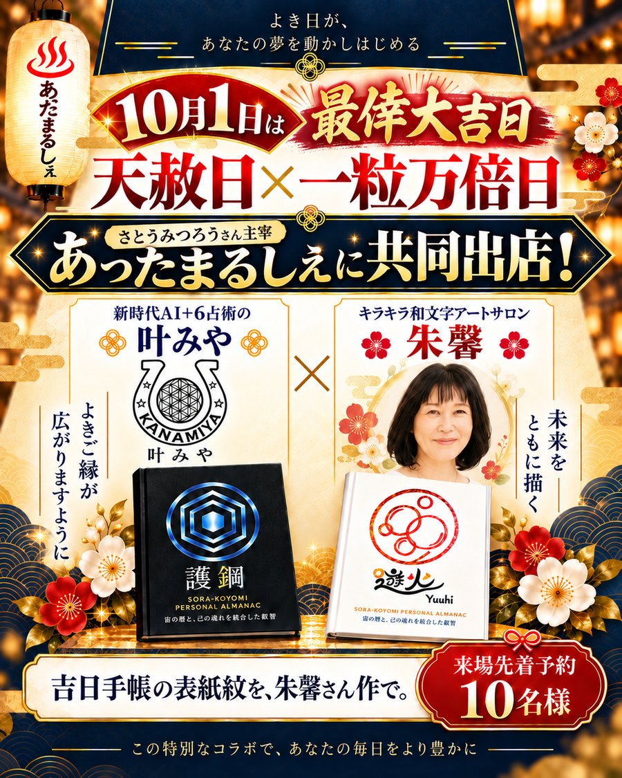 東京あったまるしぇ 共同出店のお知らせ。叶みや×朱馨、吉日手帳の表紙紋を朱馨さん作で